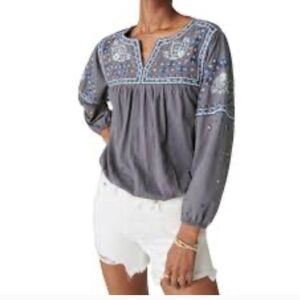 Lucky Brand Gray and Blue Embroidered Blouse